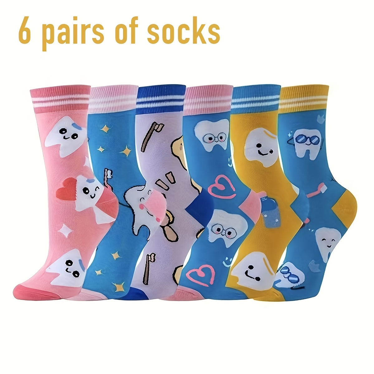 

6pcs Women's Cute Cartoon Mid-calf Socks - Comfy & Stylish, Polyester , Novelty Socks