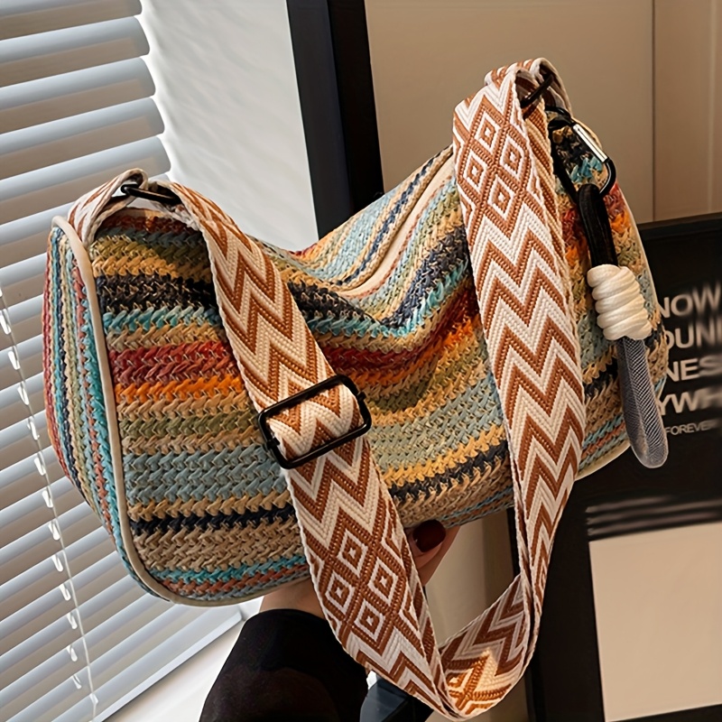 E-shop Böhmische Urlaubsstil Multicolor Gestreifte Gewebte Damenhandtasche, mit Verstellbarem Multicolor Schultergurt, Reißverschluss, für