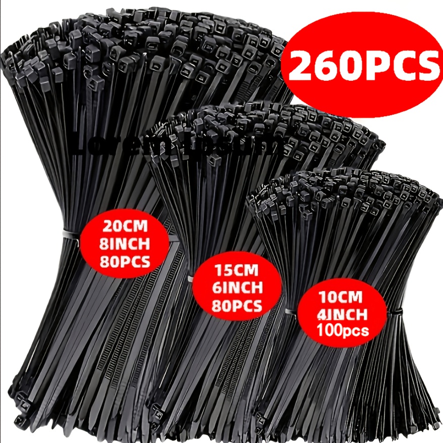 TEMU Lot de 260 attaches-câbles auto-bloquantes en nylon noir, différentes tailles 4/6/8 pouces, -ultraviolet, sangle de fixation pour rangement de