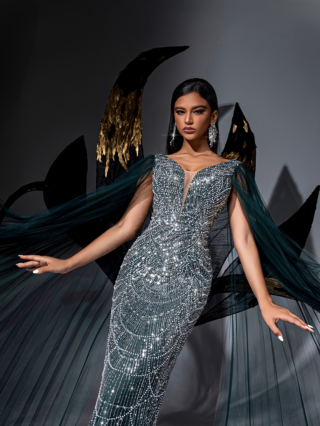 womens dark green beaded mesh cape sleeve floor length - Temu Switzerland
