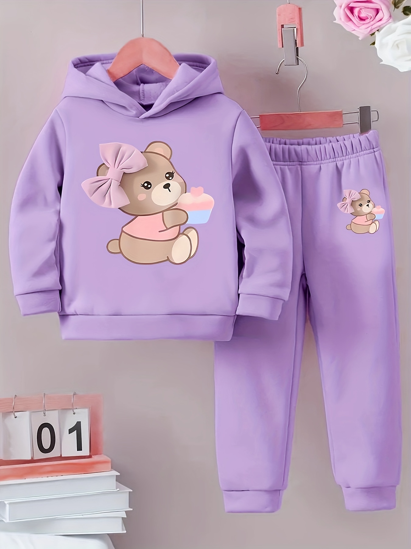 Girls' Cozy Fleece Hoodie Joggers Set with Cute Bear Print Long Sleeve,  Casual Sportswear for Fall/Winter Outdoor