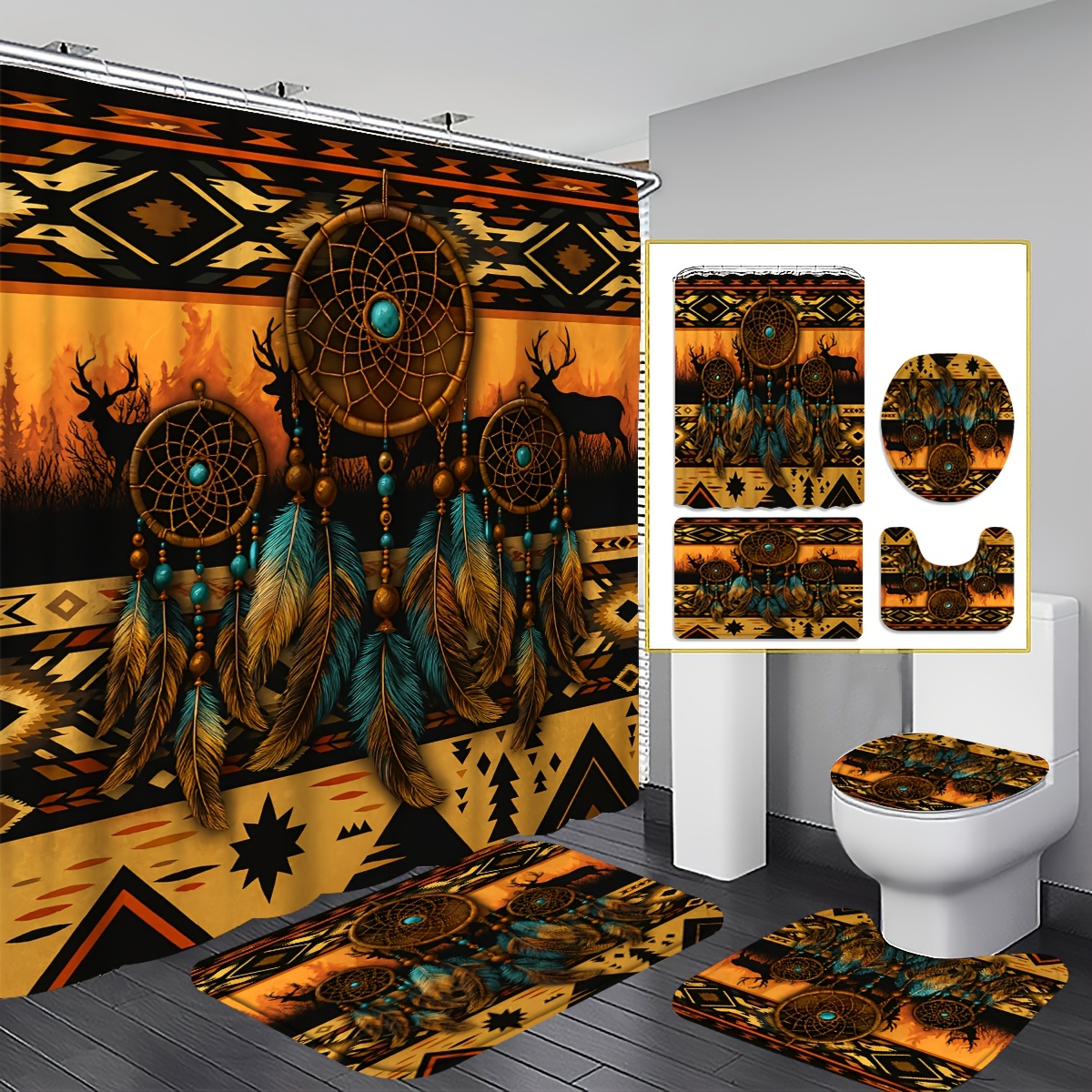 TEMU Rideau de douche américain local plat 2D, 4 pièces, décoration de salle de bain d'art tribal de plumes, ensemble de rideau de douche comprenant,
