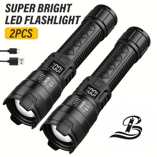 een set van 2 oplaadbare led zaklampen, ip44, compact ontwerp, instelbare focus en batterijindicator, met verlichtingsopties, geschikt voor buitenactiviteiten, kamperen, werk en noodsituaties categorie: handzaklampen