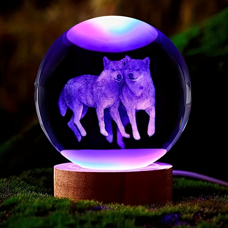 

3d Wolf Crystal Ball Night Light With Wooden Base - Home , Usb Powered, Polished