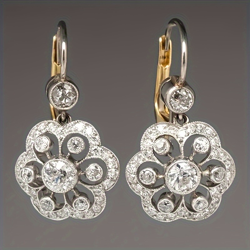 

Elegant Silvery Floral Drop Earrings With Sparkling Cubic Zirconia - Fashionable Alloy Hook Jewelry For Women, Perfect Party Gift