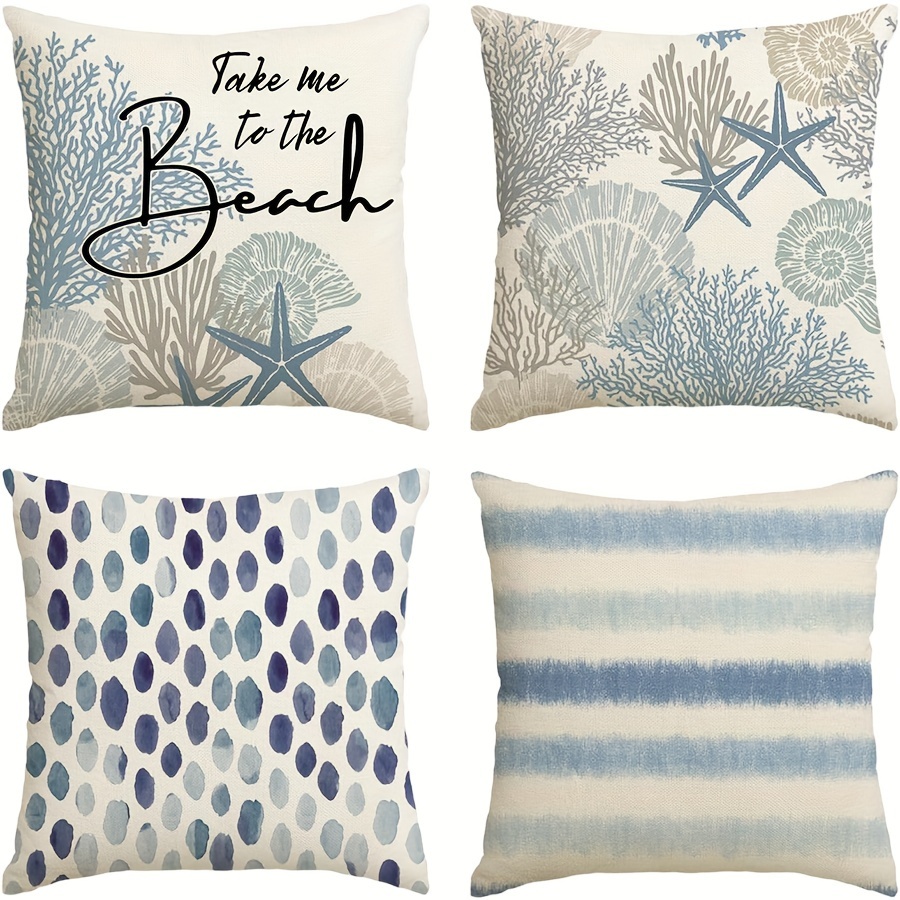 

4pcs/set, Coastal Style " The Beach" & Ocean Starfish Pillow Covers, Blue Summer Themed, 18''x18'' (45.72cm X 45.72cm), Decorative Sofa Cushion Covers, Home Decor, Sea Life Motif, No Pillow Insert