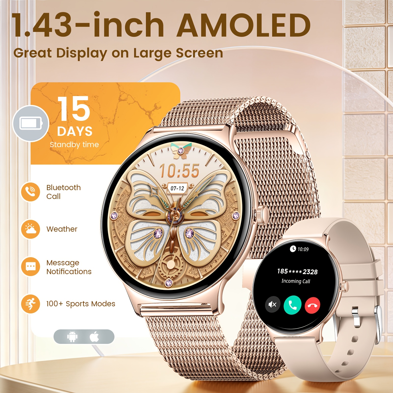 Image of Women's Smartwatch 1.43-inch Amoled Ultra Thin Smartwatch With Bluetooth Calls Women' 120 Pedometer, Fitness For Iphone , Golden Mesh