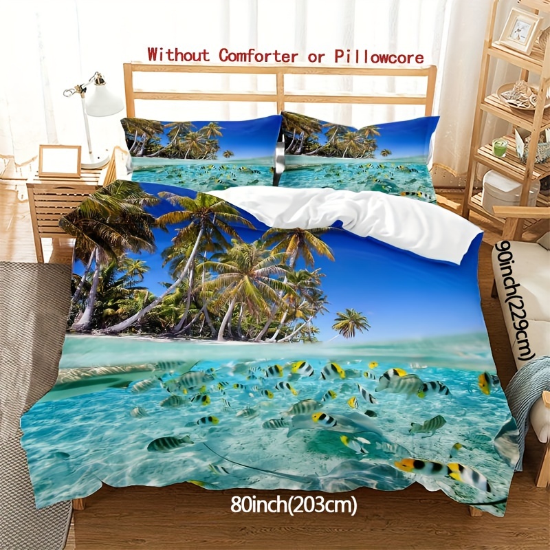 TEMU 3cps Tropical Beach Duvet Cover Set, 1 Duvet Cover And 2 Pillowcases, Ocean Scenery For Boys, Teens, Girls Room Decor, 100% Polyester, Comforter