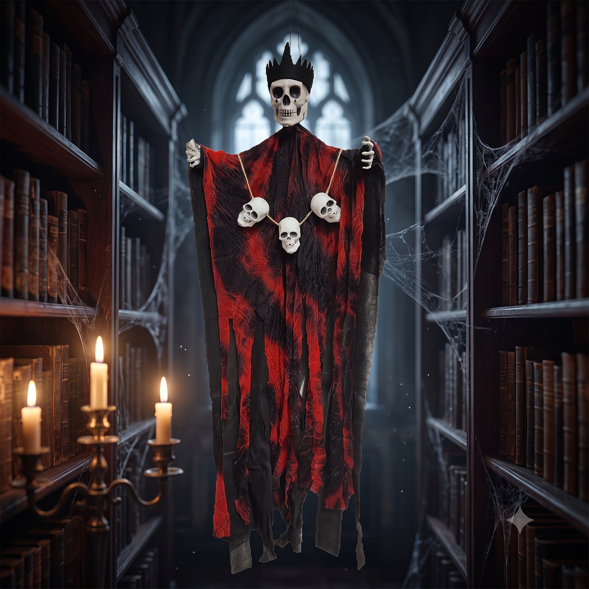 Image of Halloween Hanging Skeleton King Decoration - Spooky Robe With Crown, Creepy Ornament For Haunted House, Party & Indoor Outdoor Decor