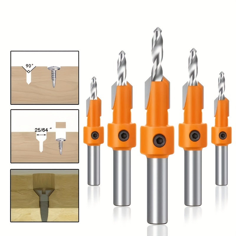 

5pcs Hss Woodworking Countersink Drill Bit Set, 8mm Round Shank, 2.8-4mm Conical Sizes, Drill Counterbore Router Bits For Screw Cutting, Hole Drilling & Opening Tools
