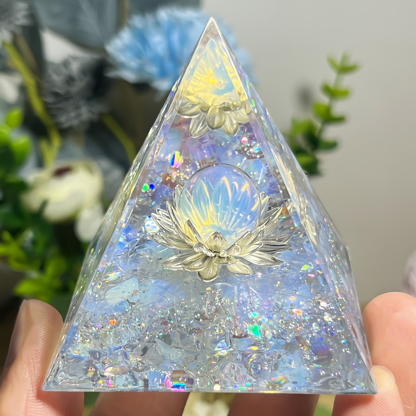 

White For Lotus Orgone Pyramid With Opal - Home Decor & Desk Gift