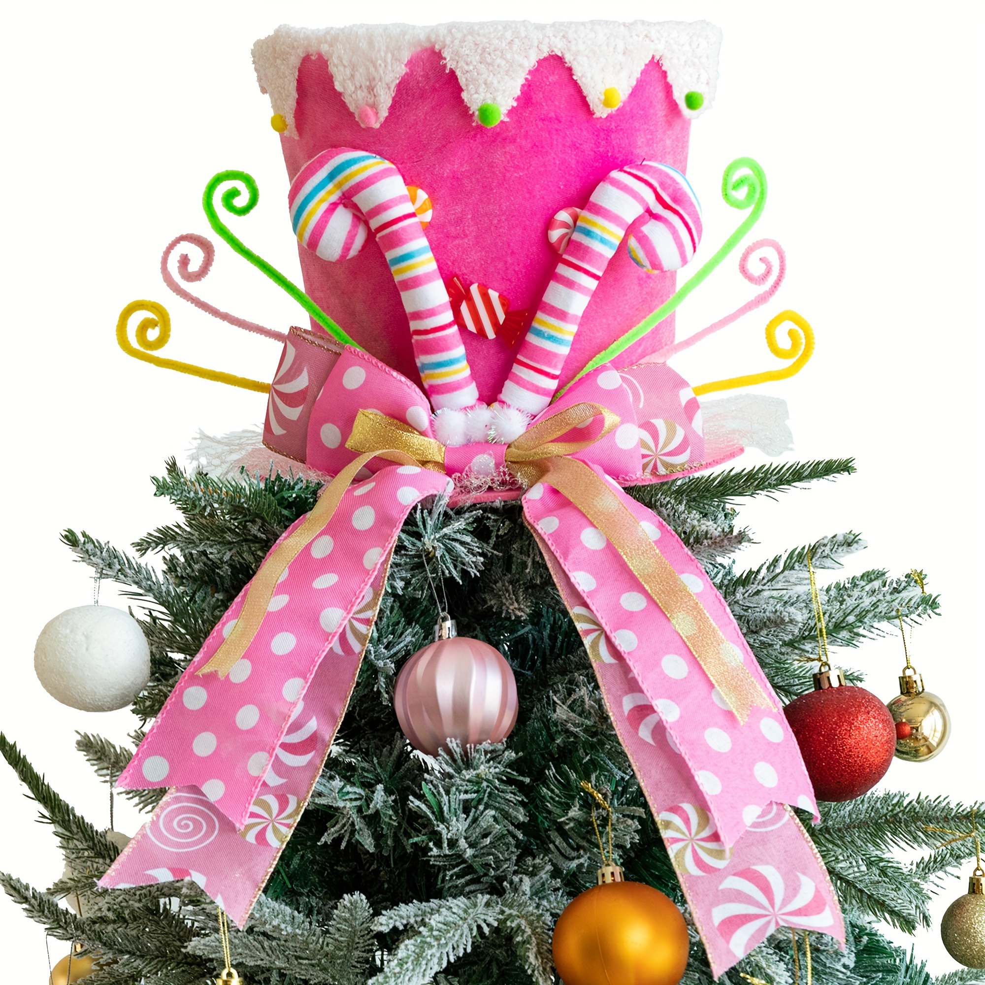 

Christmas Tree Topper Hat, Candy Cane Tree Topper, Tree Topper Christmas Decorations With Bow Ribbon Christmas Tree Ornaments