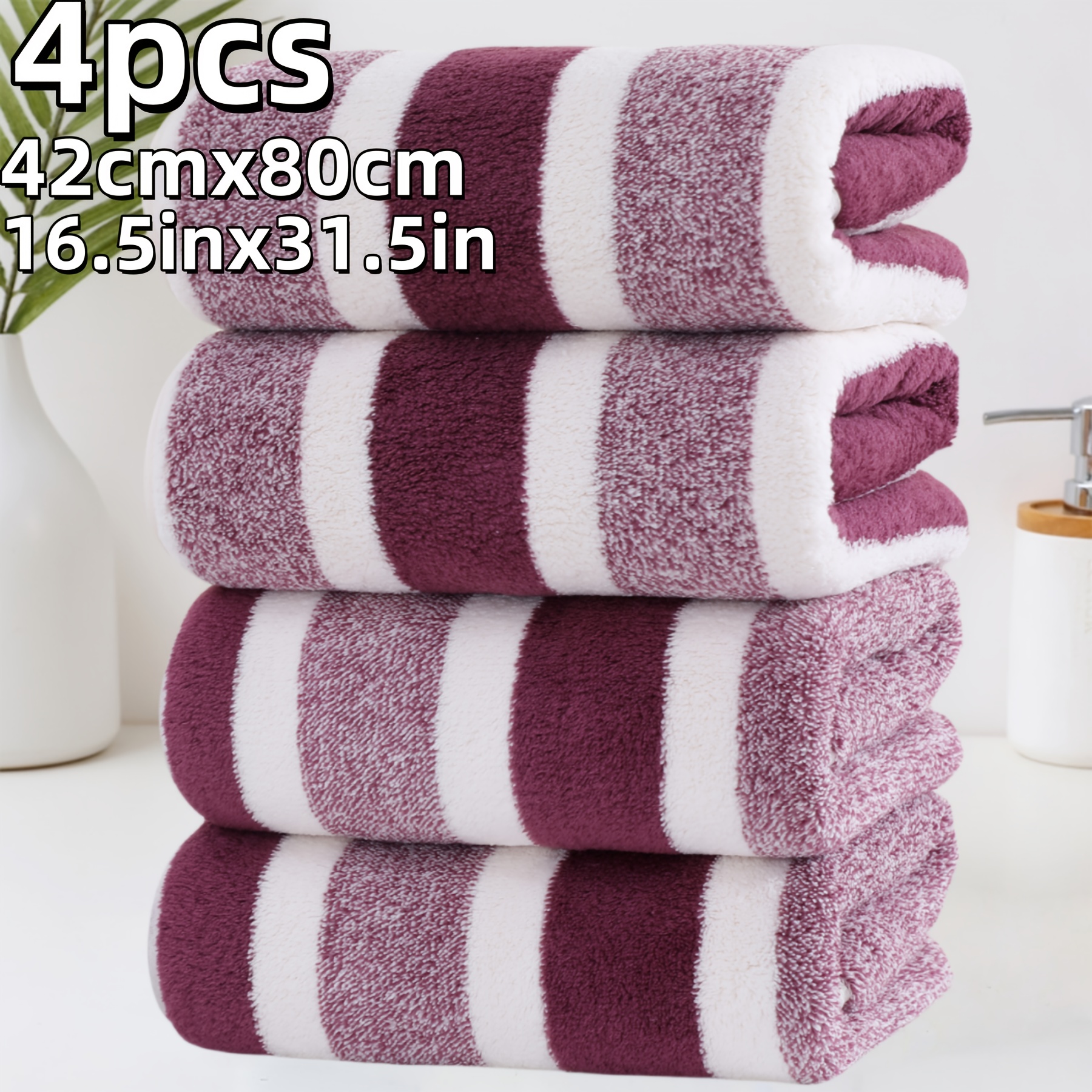 TEMU 4pcs Set Of Large Hand Towels With Deep And Wide Stripes, Size 42 X 80cm/16.5 X 31.5in, Thick Coral Fleece Hand Towel, Fiber, Absorbent, Quick