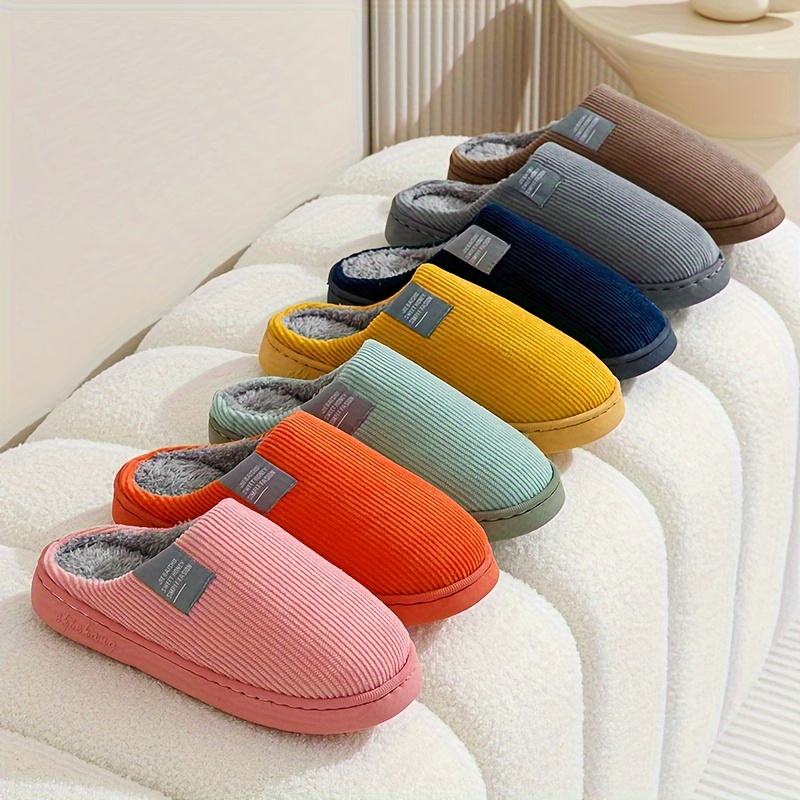 

Casual Solid Color Striped Home Non-slip Warm Slip-on Slippers, Winter Fabric Upper Eva Sole Fabric Insole Slip-on Slippers