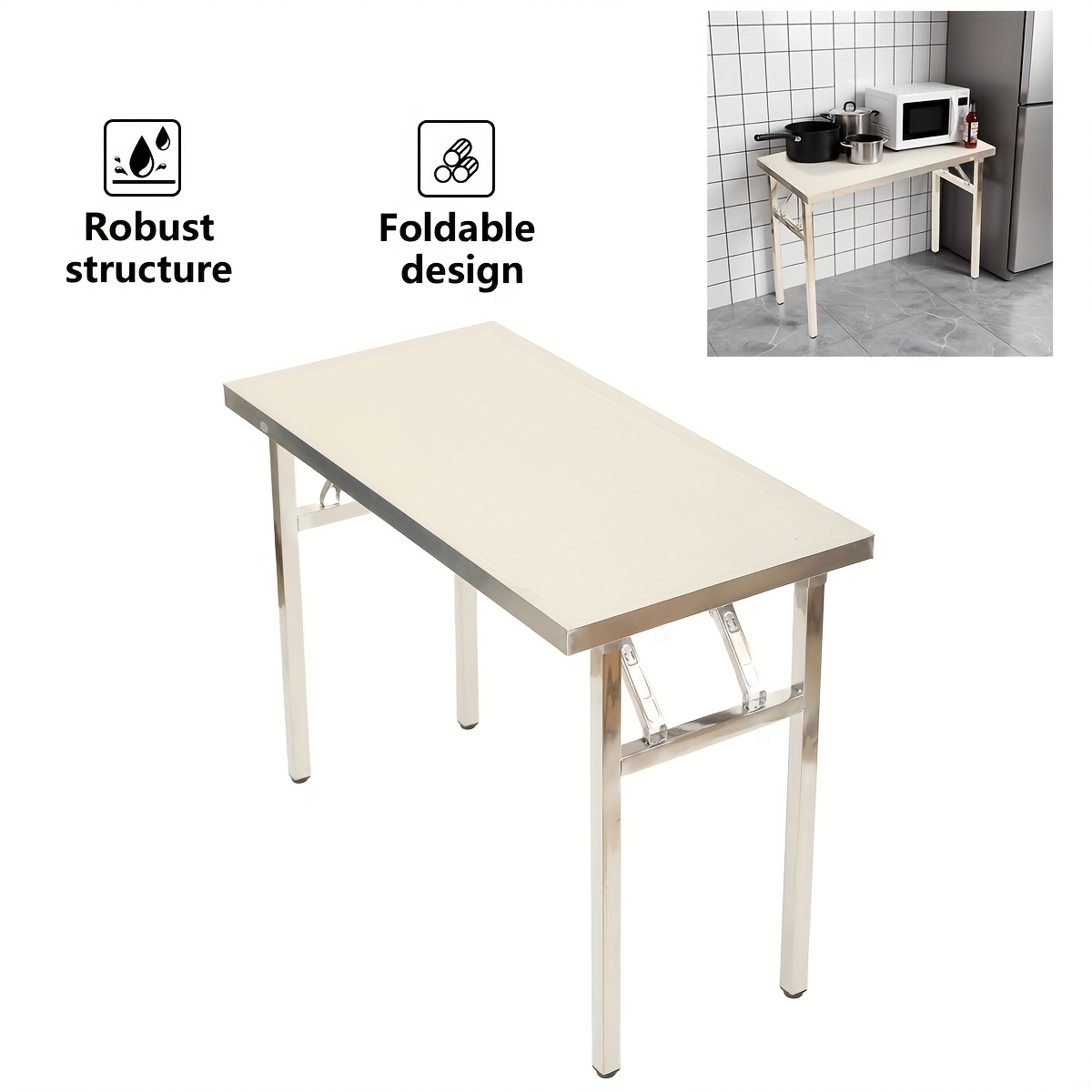 TEMU Mesa Plegable de Acero Inoxidable de 100*50 CM | Mesa de Comedor, Cocina y Cajones, Plegable, No Requiere Electricidad ni Batería