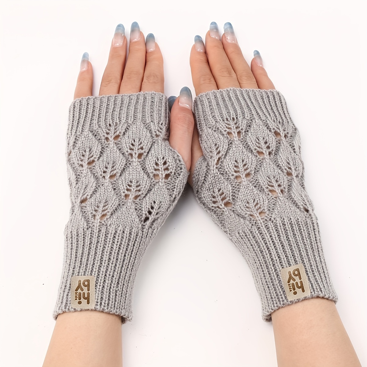 1 Pair Of Women's Fingerless Thermal Gloves With Letter Velvet Label And Leaf Pattern Decoration