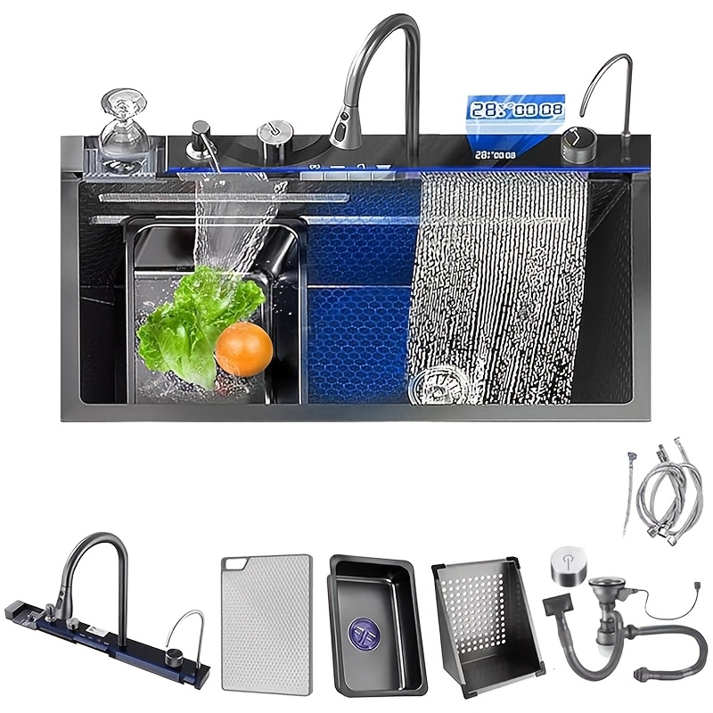 TEMU Évier de cuisine en acier inoxydable, kit d'évier multifonctionnel, ensemble de robinet d'évier de cuisine, évier moderne à bac unique, évier de