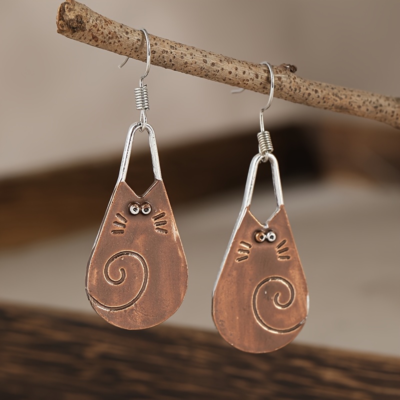 TEMU Vintage 2 Tone Cute Cat Hook Earrings For Women With Electroplated End