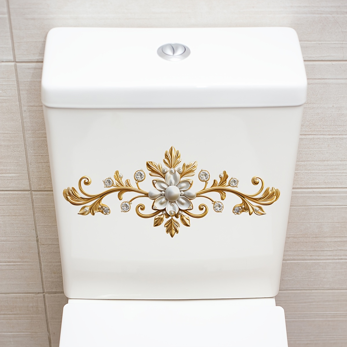 

1pc Elegant Golden Floral Toilet Sticker - Self-adhesive Bathroom Decal For Toilet Lid & , Ceramic Surface Compatible, Themed, Irregular Shape, Semi-matte , Reusable Decor