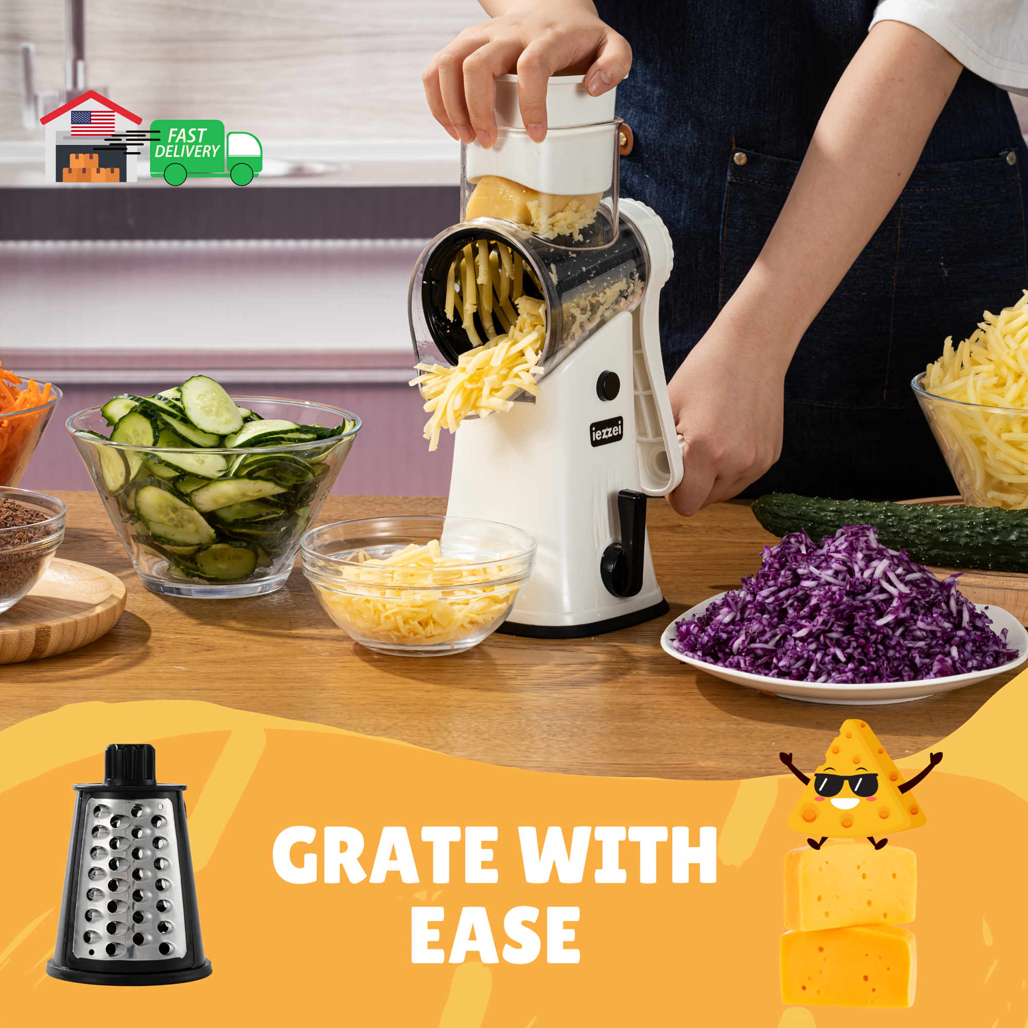 

Rotary Cheese Grater Hand Crank - Vegetable Slicer With 5 Stainless Steel Blades & , Carrot , Crinkle Cutter, Fruit Slicer, Salad Shooter Large & Safe Suction Base With Handle