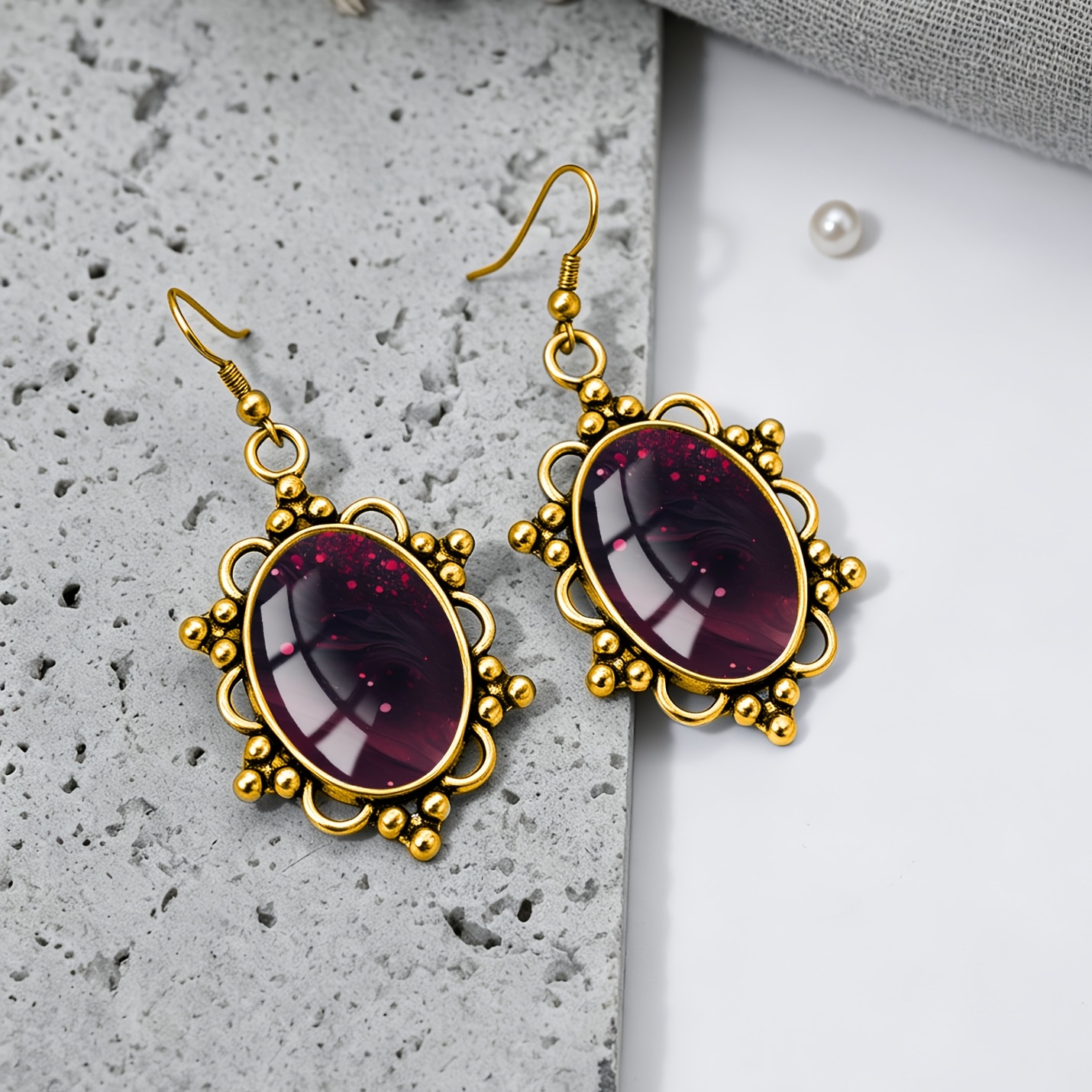 Women's Wine-Red Polka-Dot Oval Earrings, Elegant Style