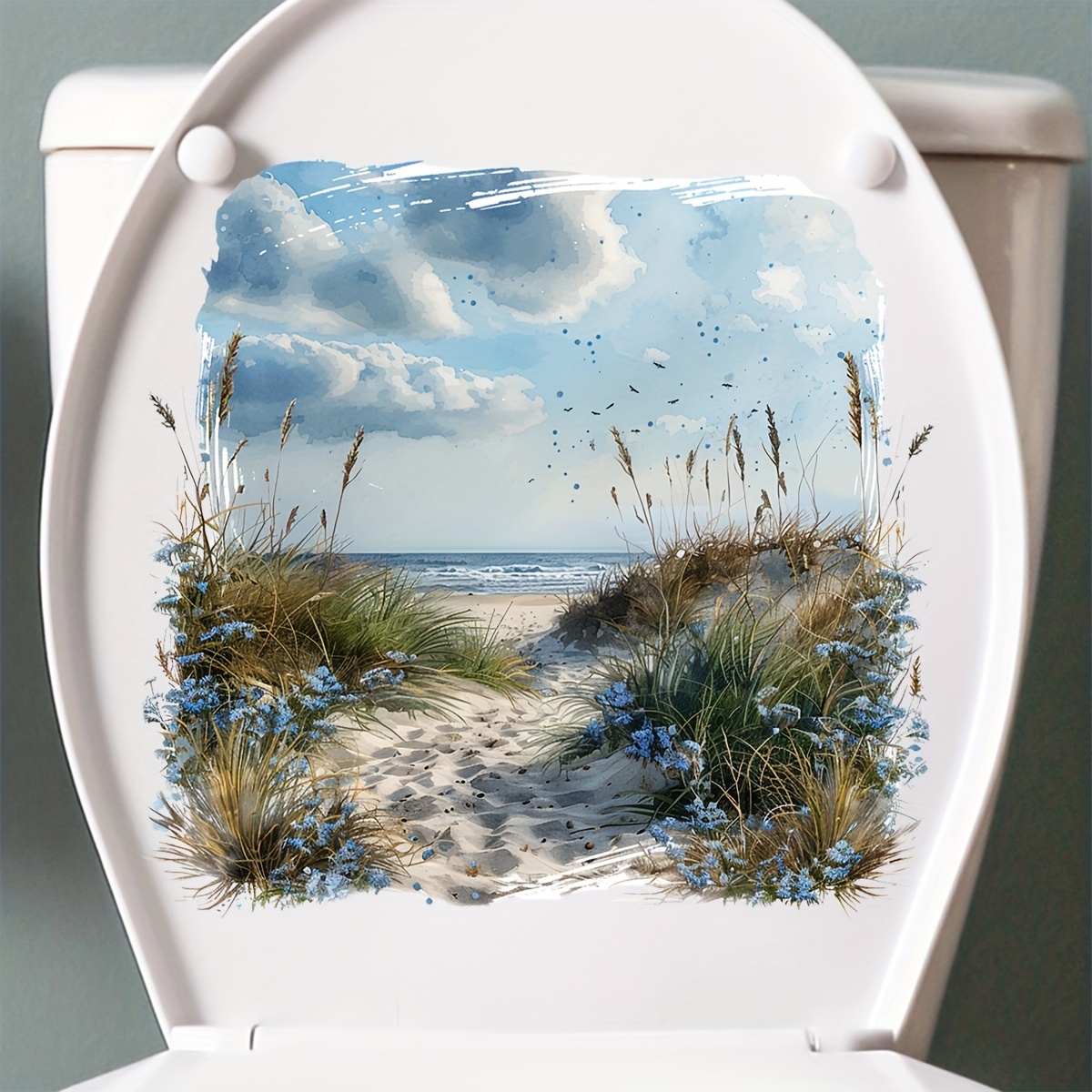 Image of 1pc & Floral Toilet Decoration Stickers - Waterproof, Removable Pvc Wall Decals For Bathroom , Featuring Beach Scene With Wildflowers And