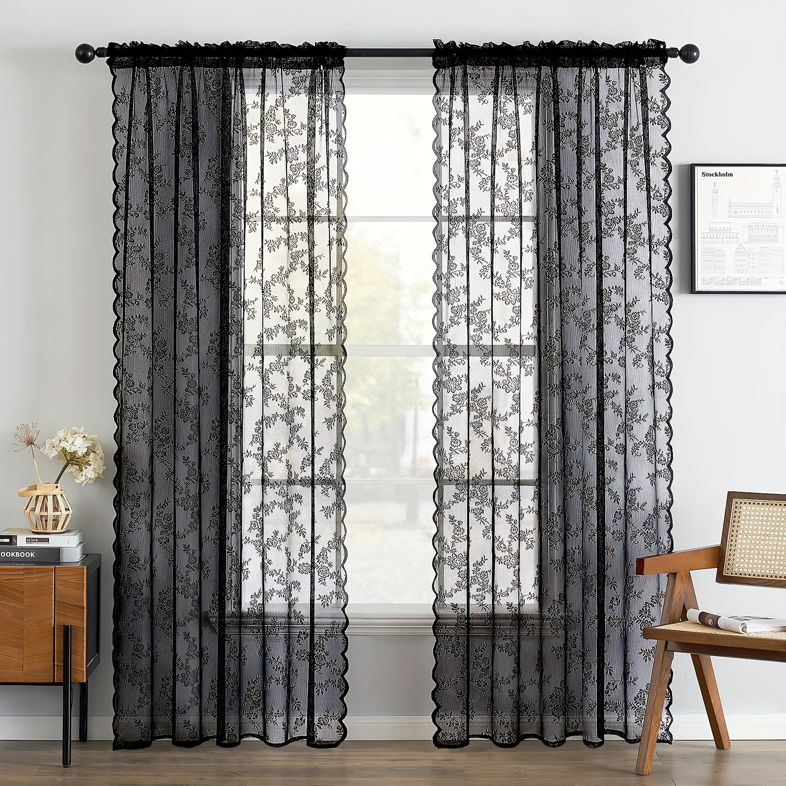 TEMU Romantic Lace Sheer Curtain For Balcony And Office, Translucent Window Drapery With Floral Pattern, Machine Washable Polyester, Rod - 1pc