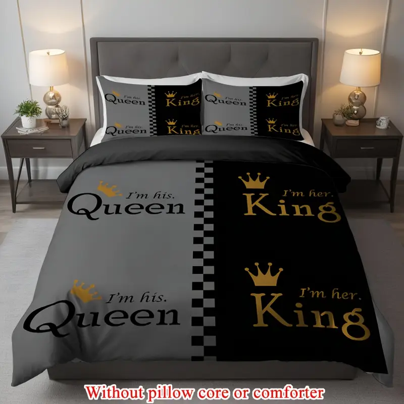 2 3pcs 1 duvet cover 1 2 pillowcase without core couple grey queen geometric grid valentines day print soft comfortable bedding set for bedroom dorm room family gift Product details 3