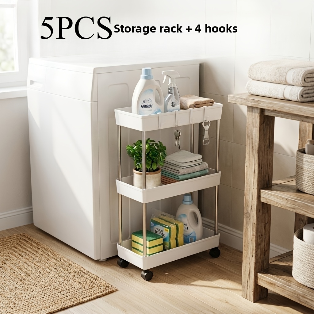 TEMU 5pcs 60cm (1pc Storage Rack And 4pcs Hooks) 3-tier Narrow Rolling Storage Rack, Multifunctional Cart With Universal Wheels And Stainless Steel