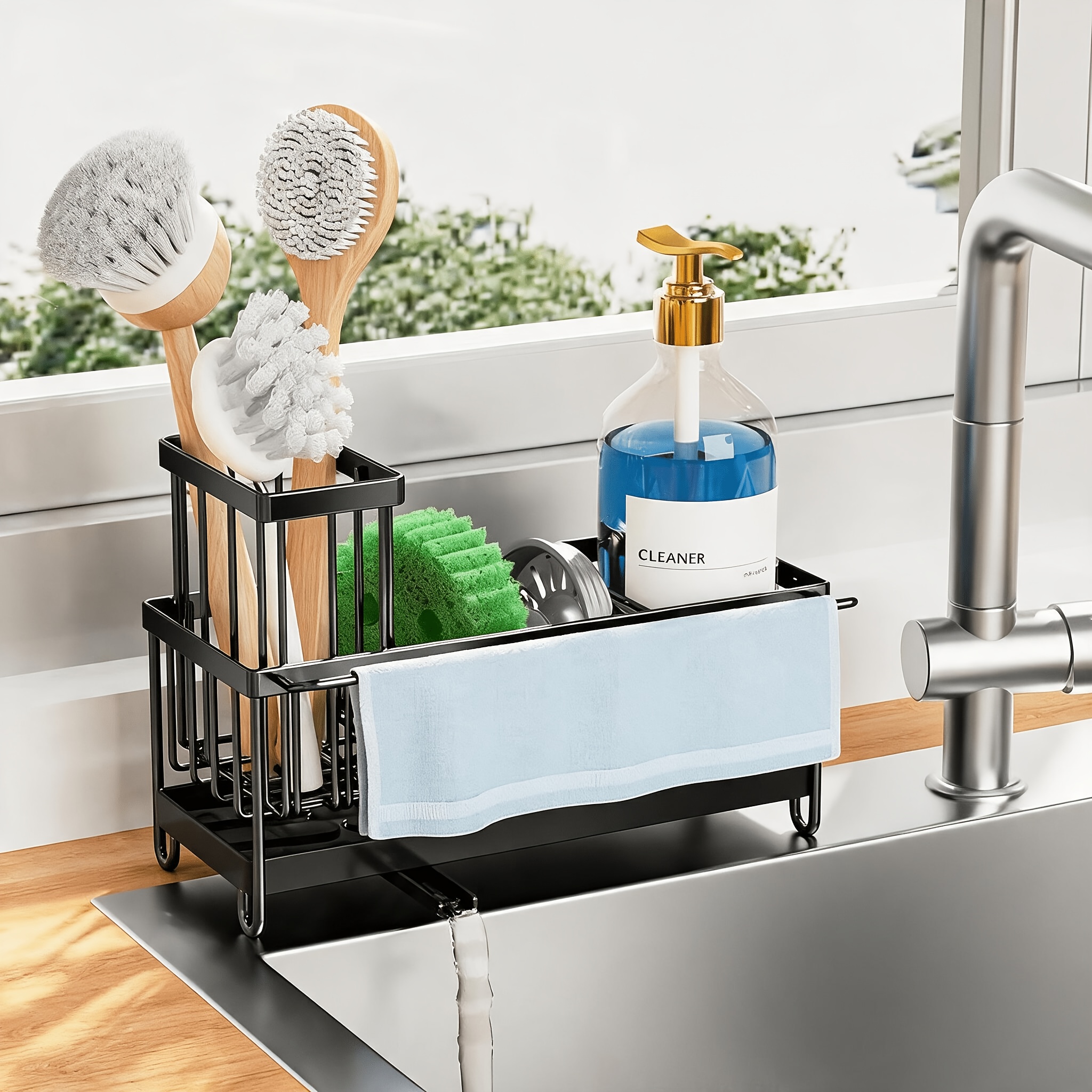 TEMU Spülbecken Aufbewahrungsset - 6-in-1 Schwammhalter mit Seifenspender | Multifunktionaler Stahl-Tuchhalter | Arbeitsplatten Aufbewahrungslösung