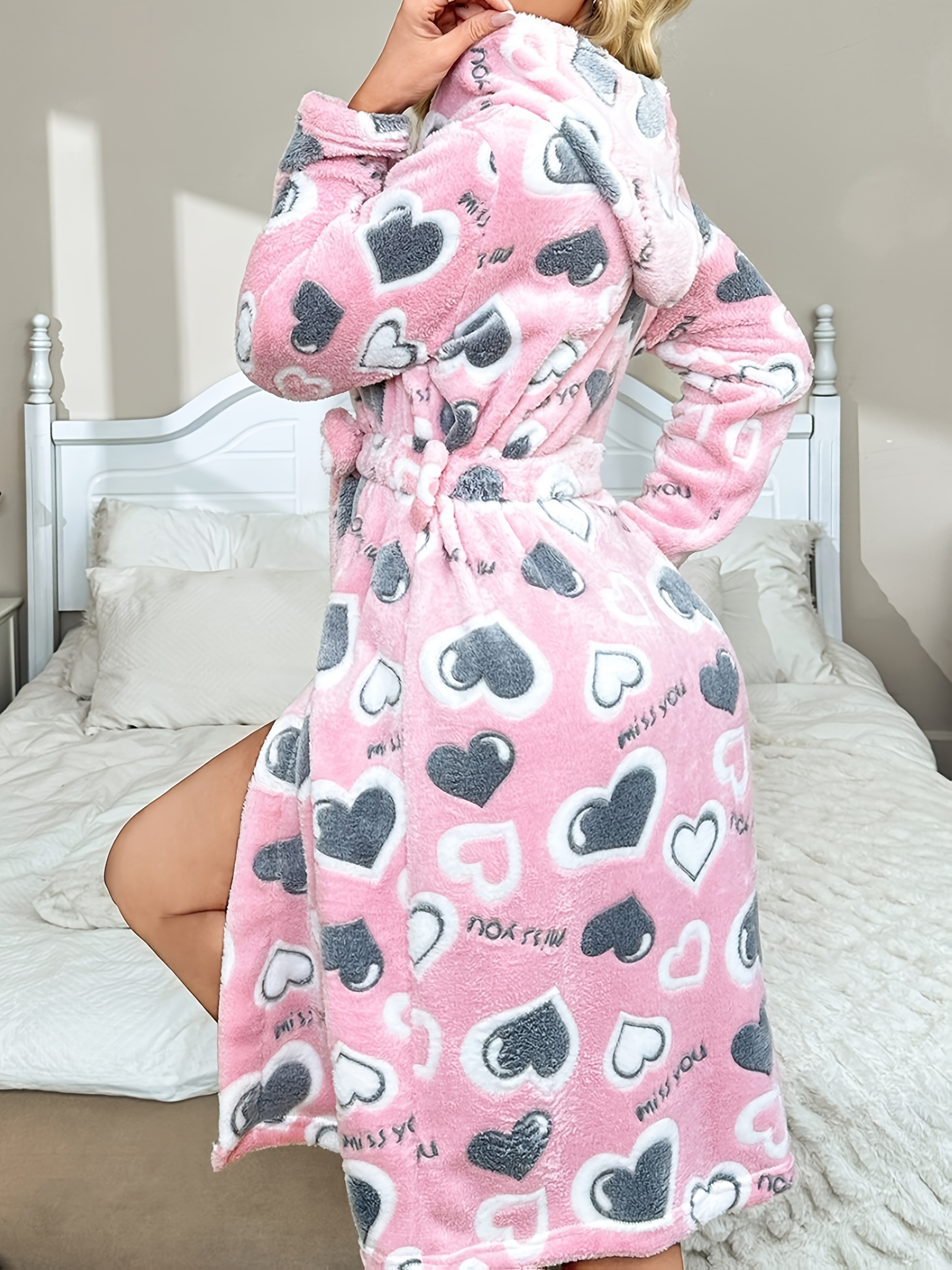 Autumn/Winter Comfortable Heart Pattern Women's Robe, Hooded Long Sleeve, Pink/Gray, Double-Sided Tie-Up Warm Home Loungewear, Cozy Sleep Robe