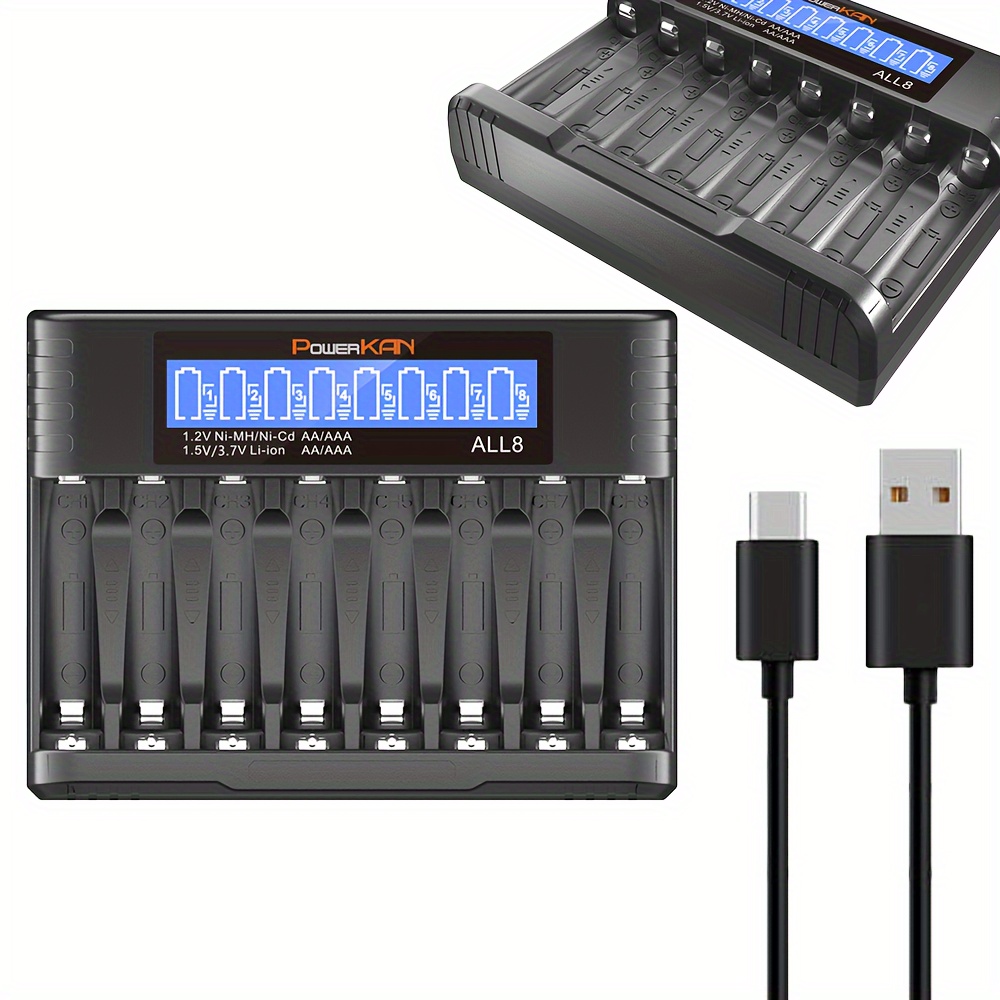 

Powerkan 8-slot Aa & Aaa Battery Charger, Ni-mh/ni-cd/li-ion Compatible, Usb-c Cable Included, Digital Display, Charging, Black, Portable Charger