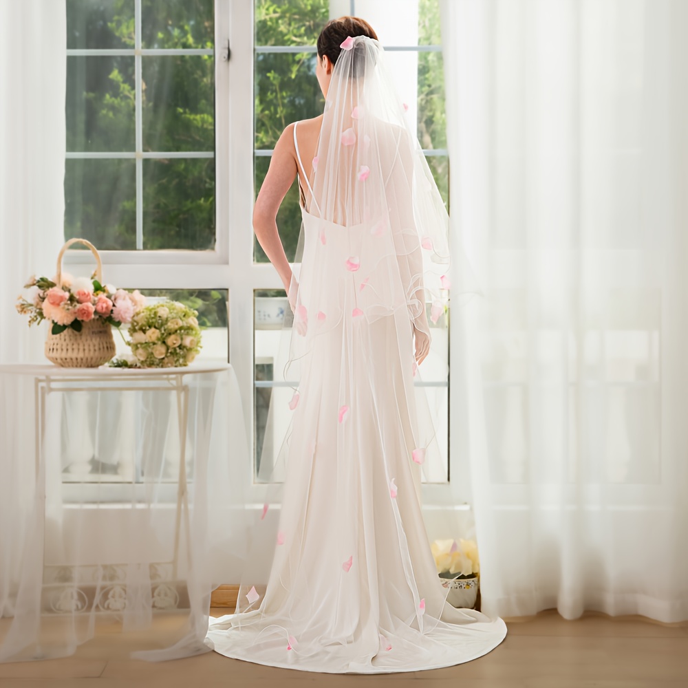 Elegant White Bridal Veil with Floral Accents Romantic Purple 3D Flower Bridal Veil, Elegant Cathedral  main image 4