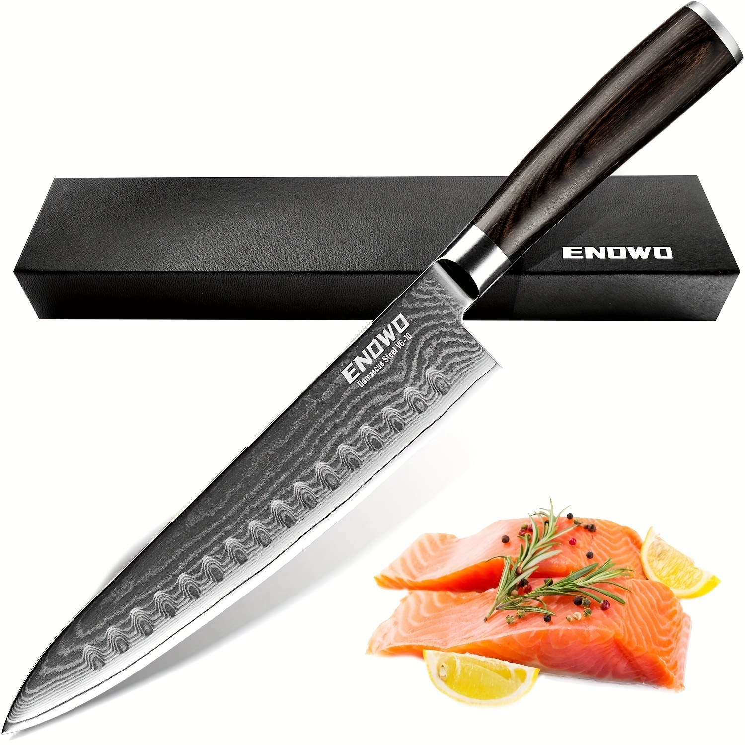

Enowo Damascus Chef Knife 8 Inch With Clad Dimple, Razor Sharp Kitchen Carving Sushi Knife Made Of Japanese Vg-10 Stainless Steel, Gift Box, Ergonomic, Superb Edge Retention
