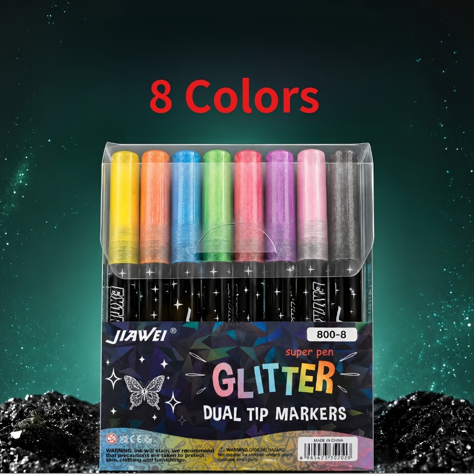TEMU Lot de 8 marqueurs métalliques à paillettes 8 couleurs, adaptés pour cartes, loisirs créatifs, graffiti, écriture, livres de coloriage pour