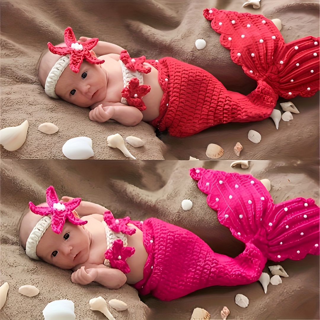 

Mermaid-themed Knitwear Set For - 3pcs, Includes Tail Skirt, Bikini Top & Starfish Accessory, Photoshoots, Performances & Holiday Outfits, Red & , Handmade Crochet, Photography Props, Festival Gift