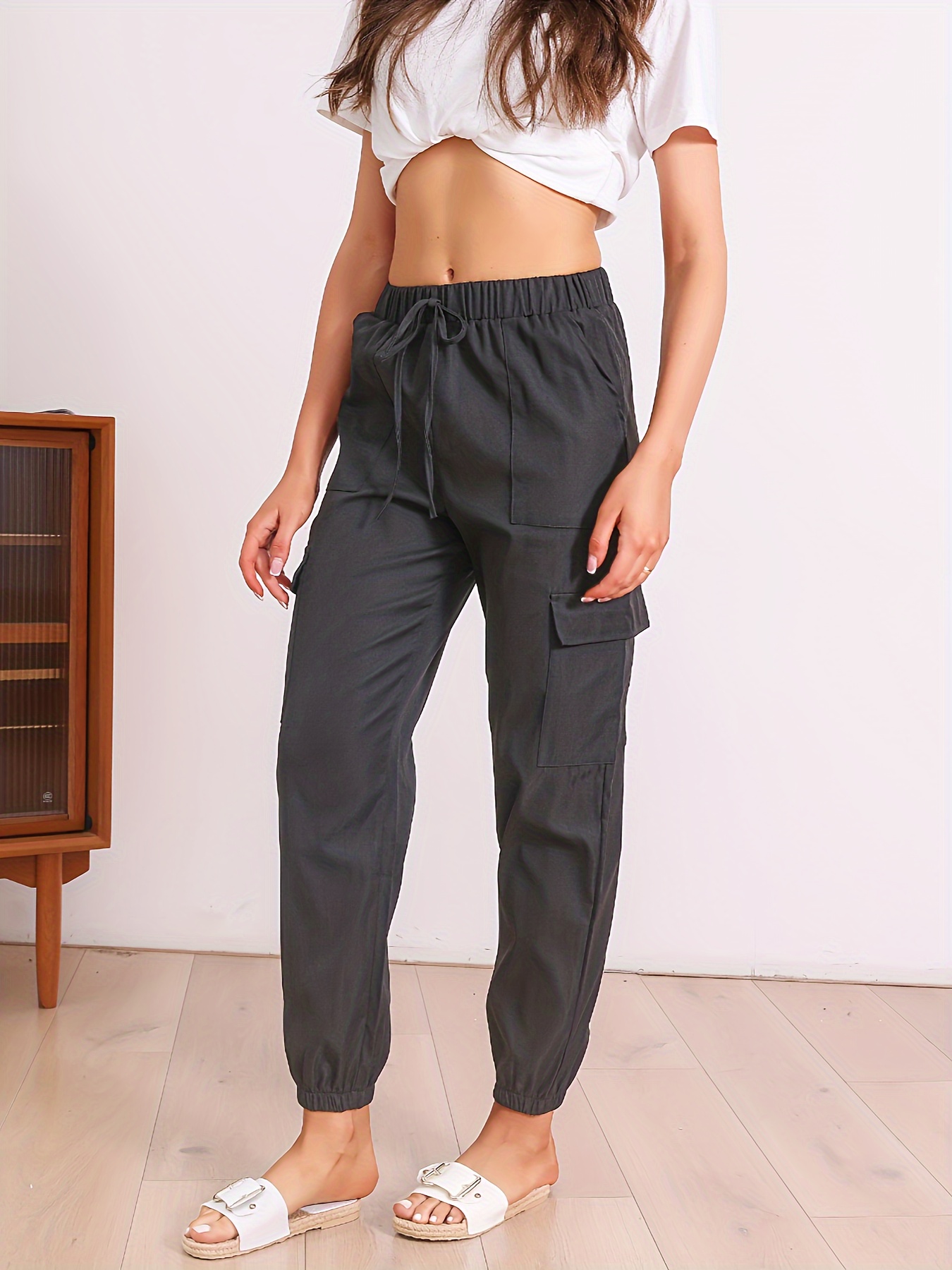 Winter Drawstring Cargo Pants for Women High Waist Plus Size Bell Bottom  Pant with Flap-Pockets Solid Color Floor Length Flare Leg Trousers 