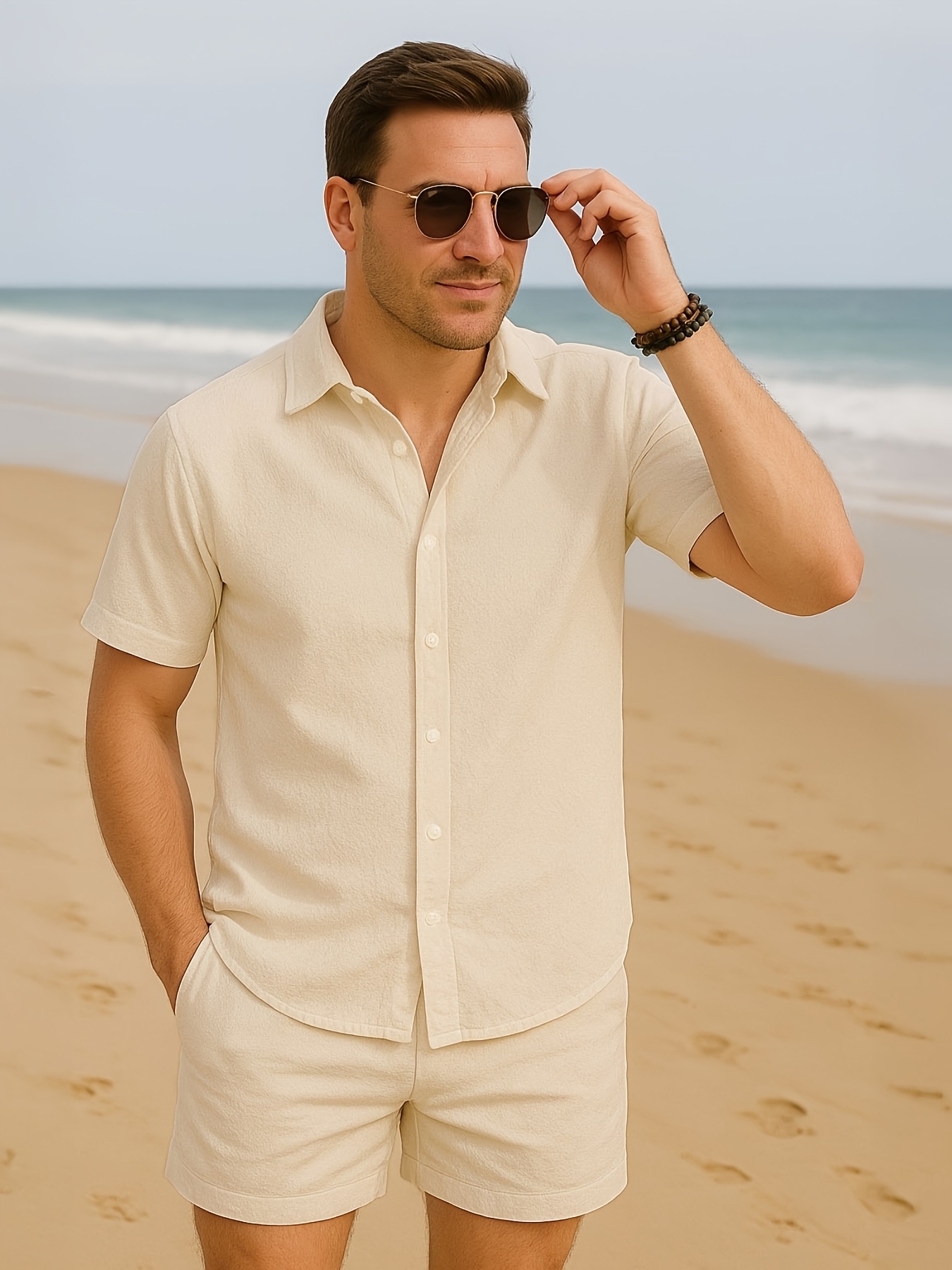 mens 2pcs set short sleeve shirts beach shorts summer casual