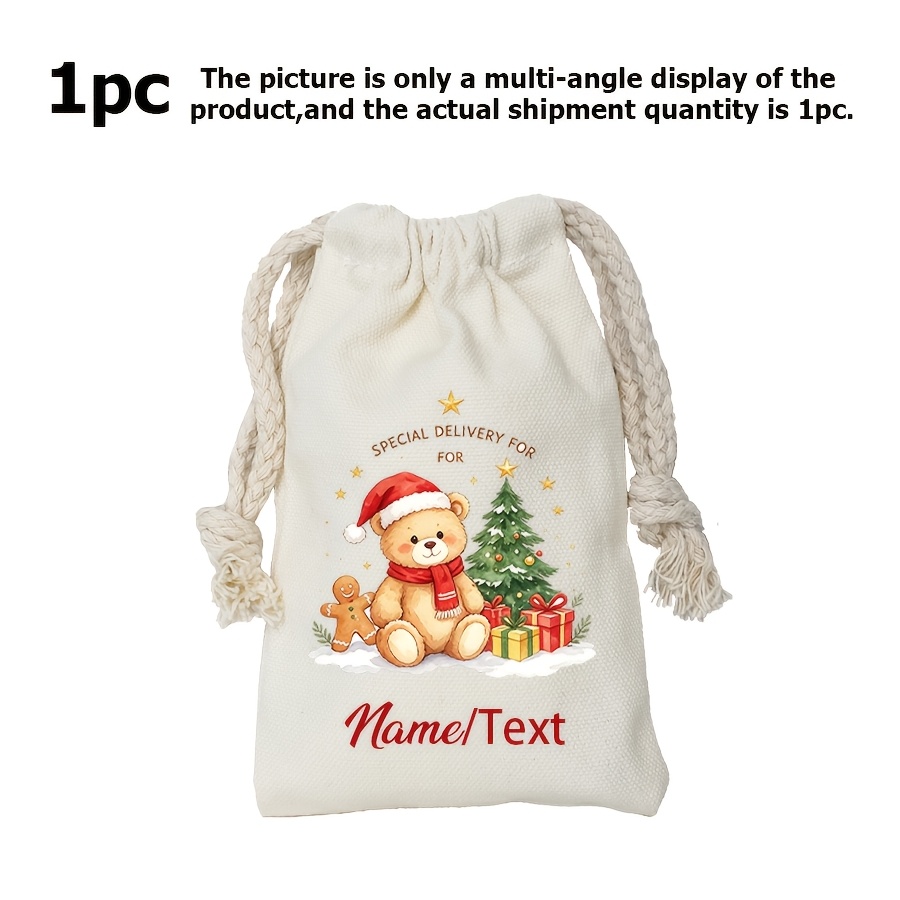 TEMU 1pc, Personalized Custom Name Santa Teddy Bear Gift Bag - Reusable Christmas Drawstring Bag, Suitable For Men, Women And Children, Festive