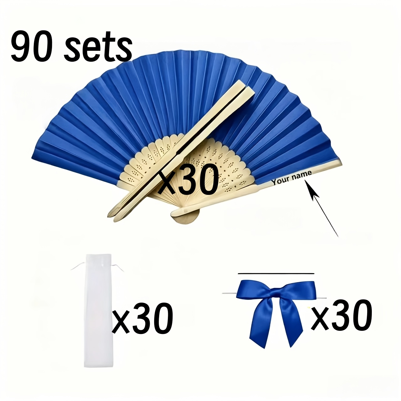 TEMU (free Custom Engraving) 60/90pcs Navy Bamboo Joint Folding Fans, With Organza Bows - Wedding Decoration Carnival Style Fans, Musical Style Fans,
