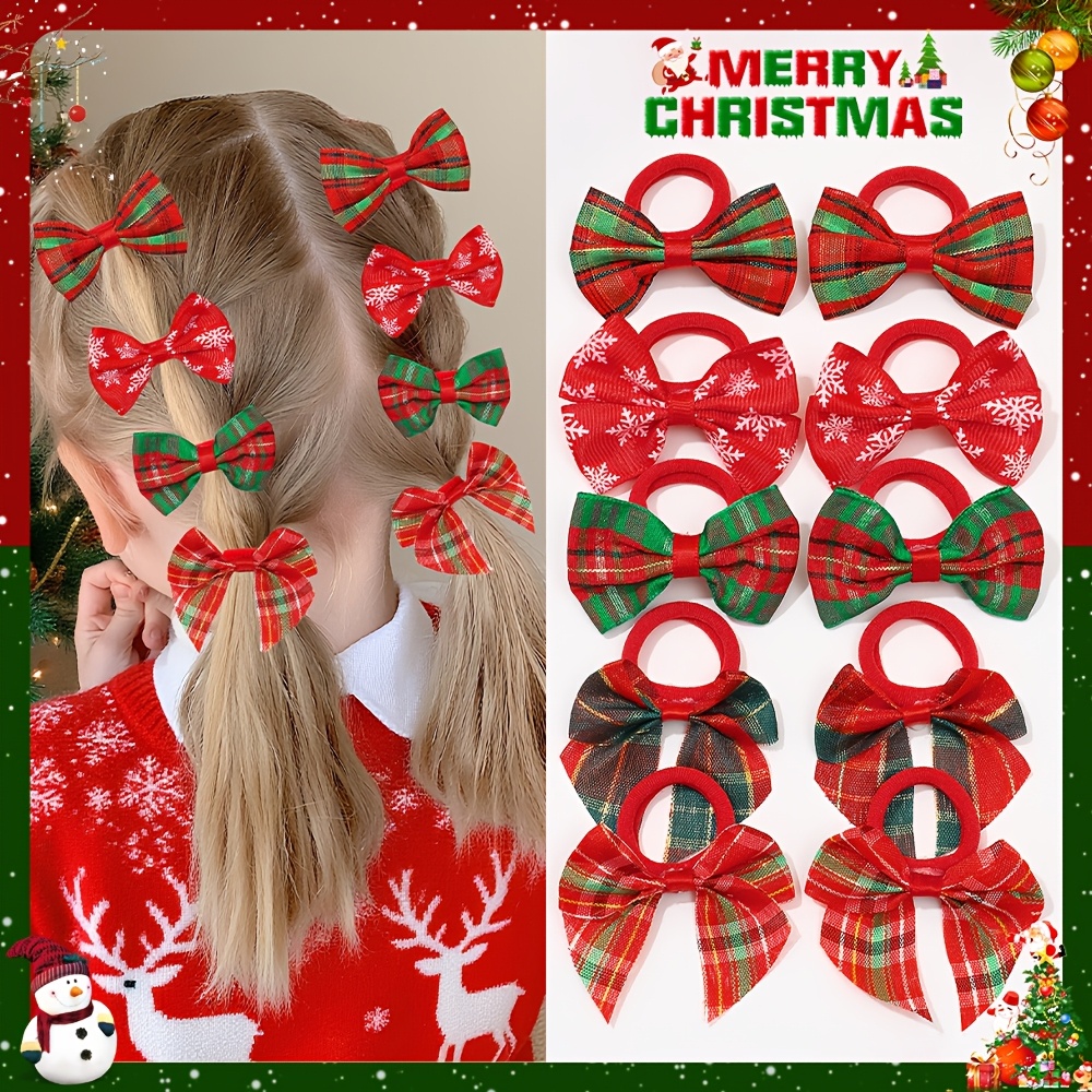 Image of 10pcs Set Of Girls' Cute Christmas Bow Hair Ties - Multi-colored Different Shaped Striped And Snowflake Patterned Bow Fashionable Design Suitable As A Christmas Hair Accessory Gift For Girls