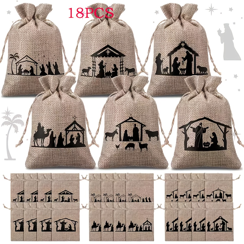 TEMU Regalo para Ella/Él 18 Bolsas de Regalo de Arpillera Navideñas con Cordones en 6 Diseños para Dulces Navideños, Empaquetado de Lino, Bolsas de