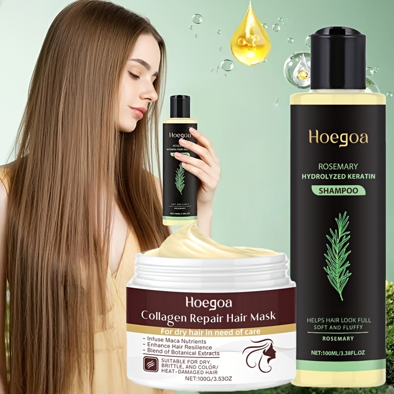 TEMU 2pcs Rosemary Collagen Hair Care Set, Rosemary Shampoo Plus Collagen Hair Mask, Collagen Hair Oil, Rosemary, Repairing Damaged Hair,