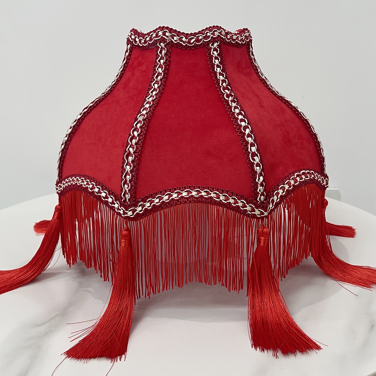 TEMU Red Vintage Velvet Table Lamp Shade With Tassel Lace Trim, European Style Wedding Bedroom Fabric Lampshade, Festive Style