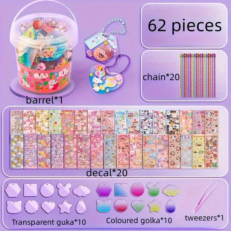 TEMU 62pcs Diy Stickers Set With Card Pendant, Creative Mixed Stickers, Ideal For Birthday, Back To School, Graduation & Holiday Gifts, Plastic Material, Craft Supplies