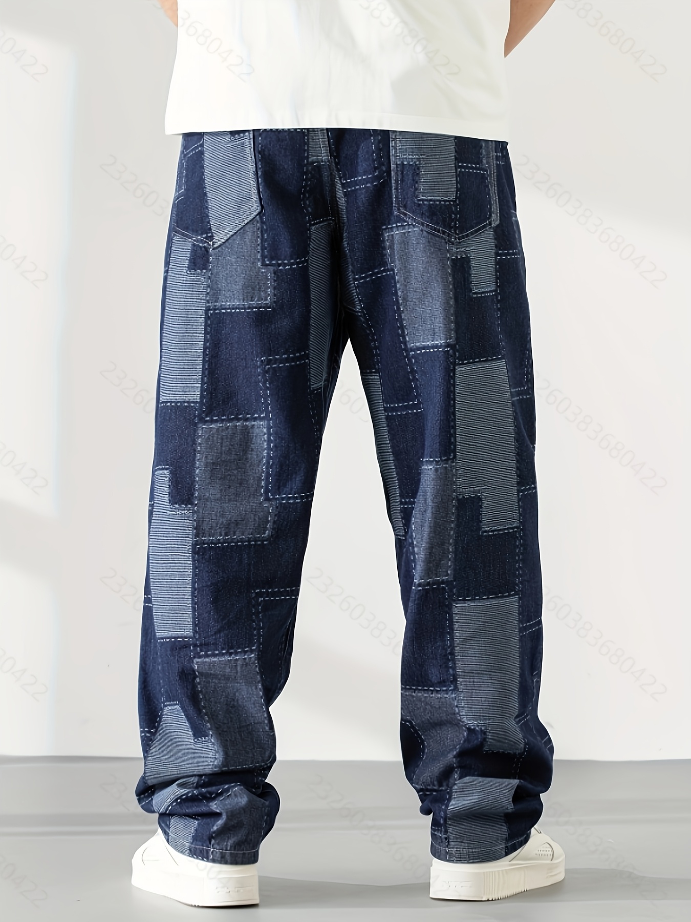 Men'S Plus Size Geometric Denim Jeans - Casual Straight-Leg Pants with Button Closure, Pockets, and Non-Stretch Fabric for Golf & Casual Attire, Spring Summer Fall, PLUS SIZE