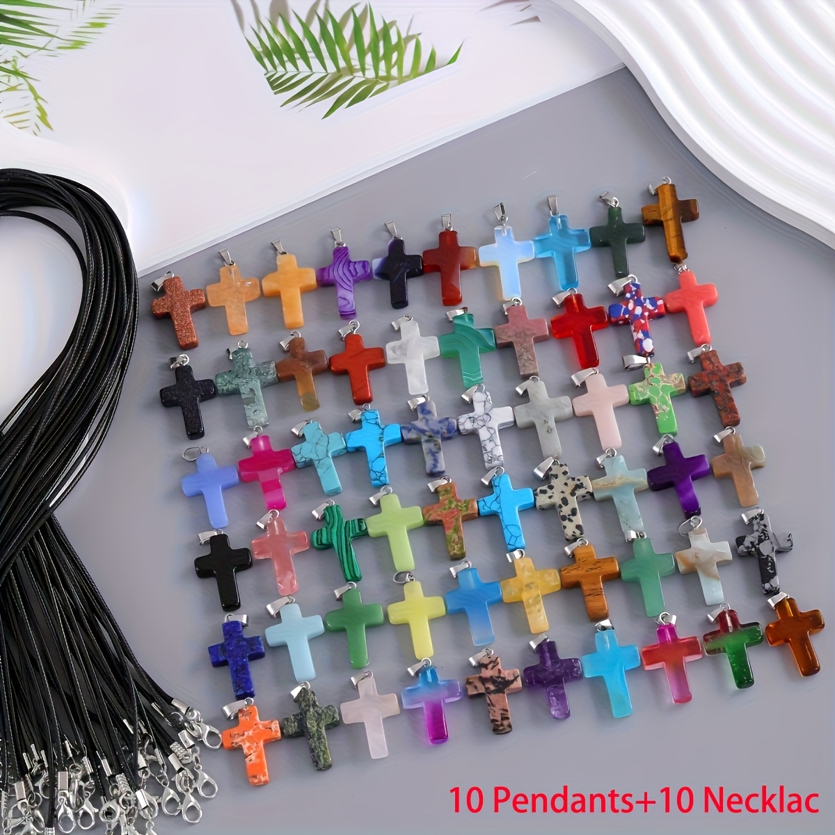 Image of 20pcs Cross Pendant Necklace Set, Bulk Multicolor Chakra Stone Cross Charms With Adjustable Leather Necklace Cord And Storage Bag, Suitable For Necklace Jewelry Making Charms, Perfect Christmas Gift