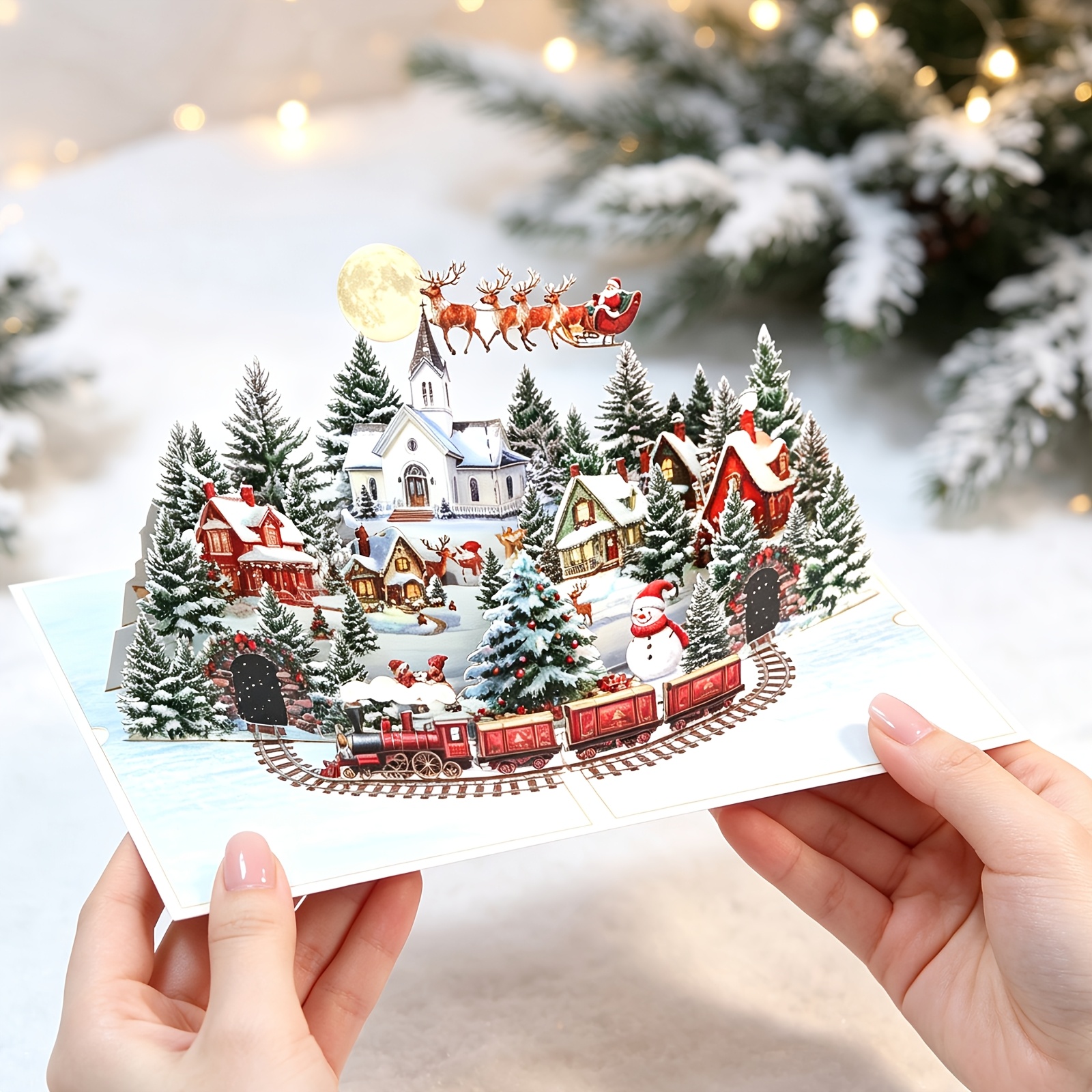 Image of 3d Pop-up Christmas Card - Night Before Christmas Scene With Santa, Reindeer, & Sky - Festive Holiday Greeting Card For , Holiday Greeting Card|festive Design|detailed Illustration, Christmas Cards