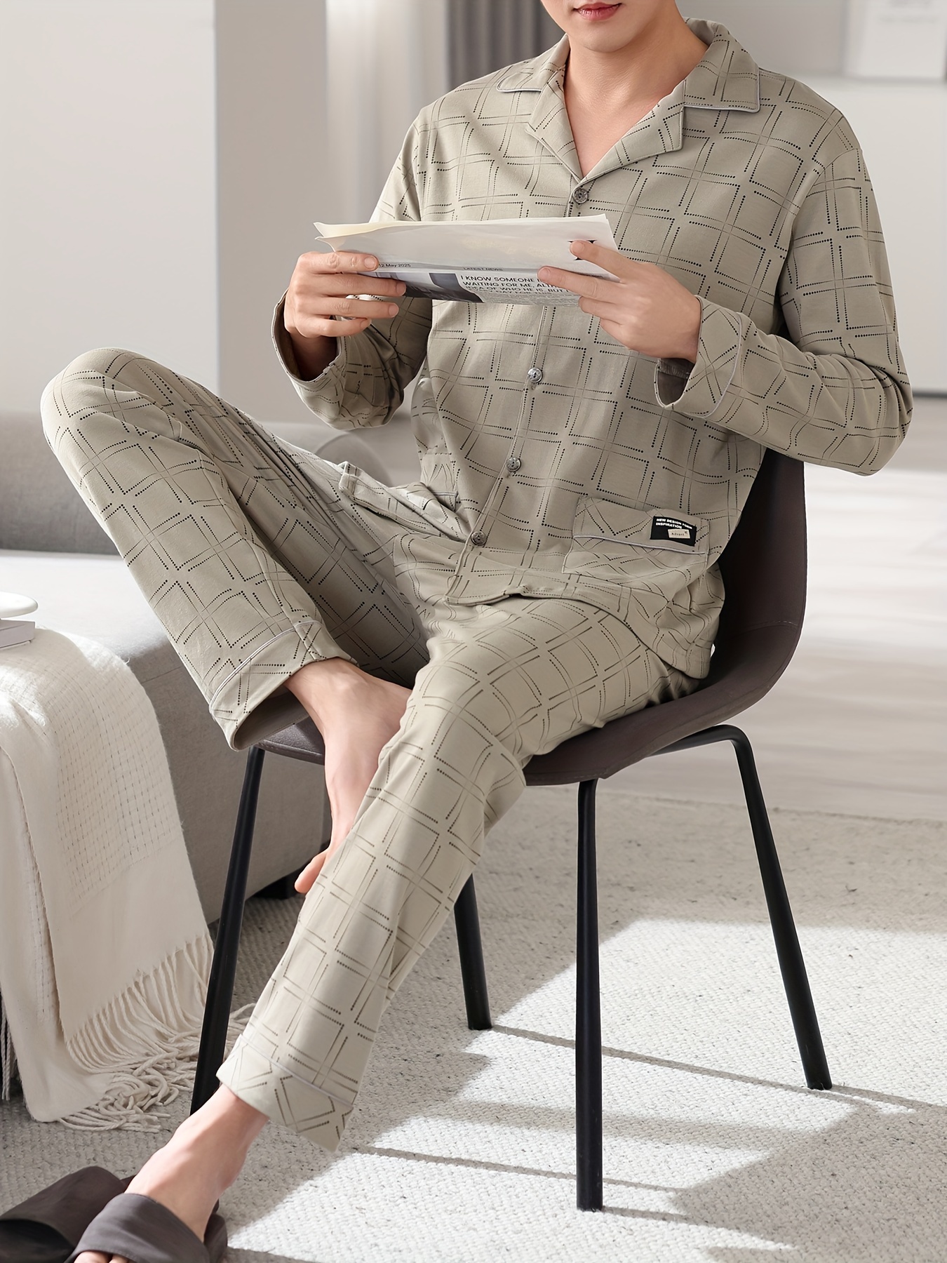 Men's Pajamas Pure Cotton Long Sleeve Spring and Autumn Thin Style Full Cotton Autumn and Winter Plus Size Middle-aged Home Clothes Set for Men
