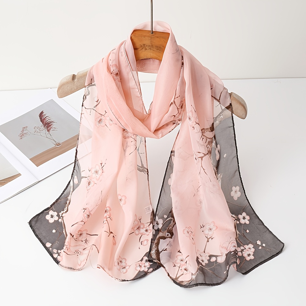 TEMU 1pc Women's Elegant Floral Printed Chiffon Draping Texturous Scarf Dark Green Pink Two-color Optional Exquisite Clothing Additions -match